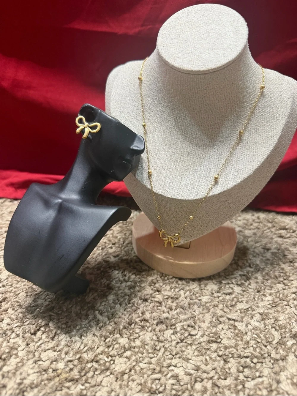 Gold Bow Pendant Necklace and Earrings Set